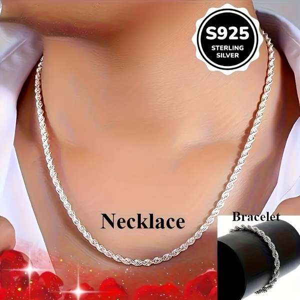 Sterling Silvery Twisted Rope Necklace and Bracelet Set