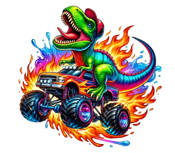 Heat Transfer Sticker - Dinosaur on Monster Truck