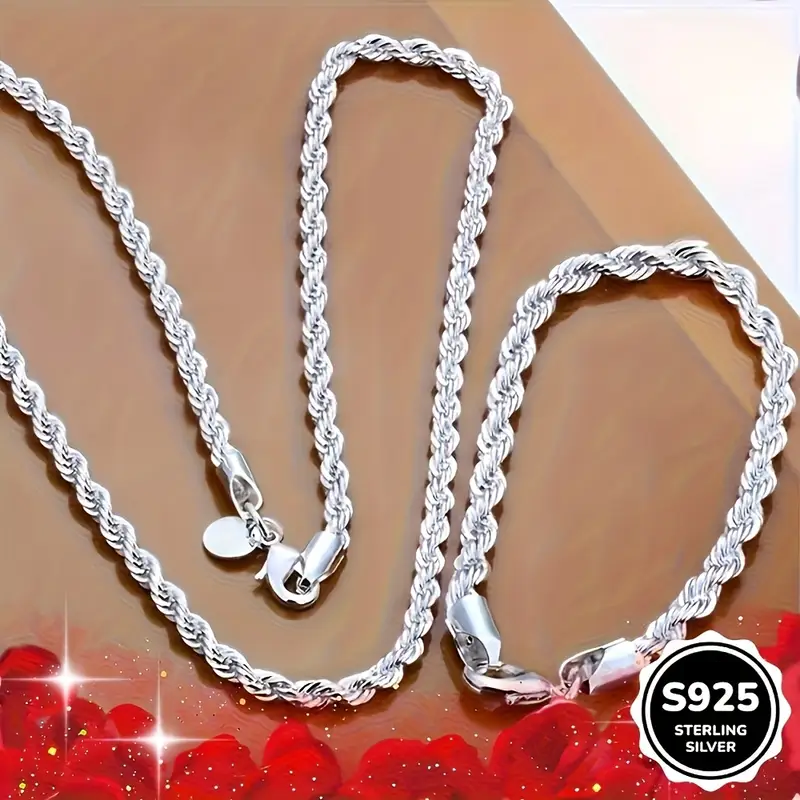 Sterling Silvery Twisted Rope Necklace and Bracelet Set