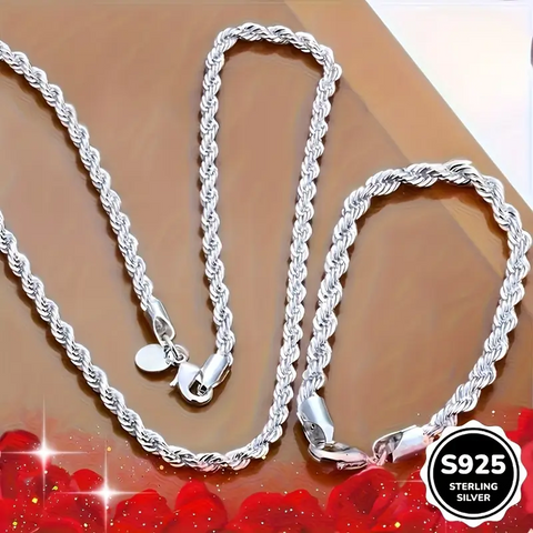 Sterling Silvery Twisted Rope Necklace and Bracelet Set