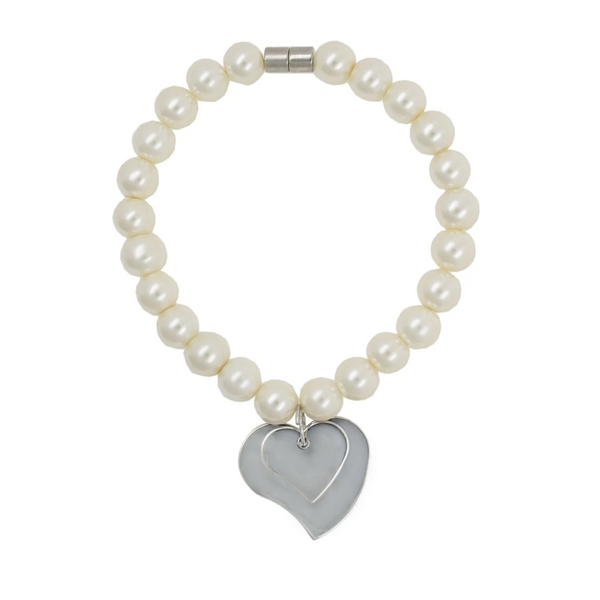 Toned Silver Hearts in Faux Pearl Bracelet