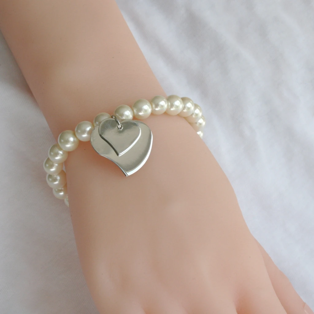 Toned Silver Hearts in Faux Pearl Bracelet